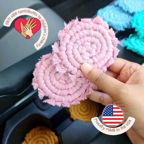 Handmade By Uruba boho macrame car coaster set enhances interior with textured charm.