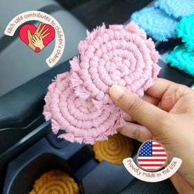 Handmade By Uruba boho macrame car coaster set enhances interior with textured charm.