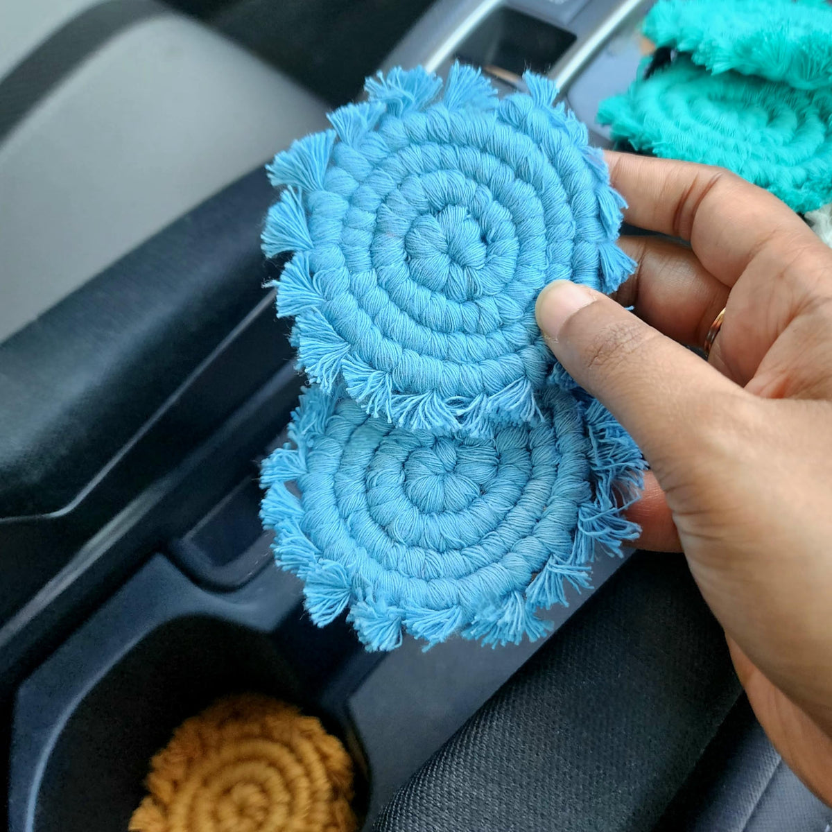 Uruba boho macrame coaster adds warm texture to cabin