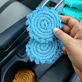 Uruba boho macrame coaster adds warm texture to cabin