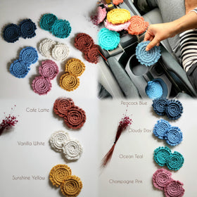 Vibrant boho car interior accent from Handmade By Uruba coasters.