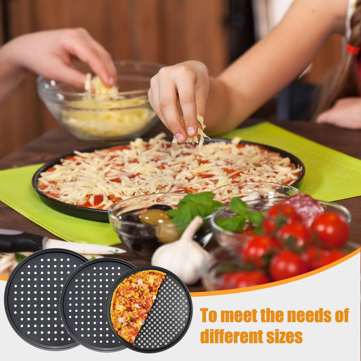 Handook 10-inch perforated pizza pan for quick heat circulation.
