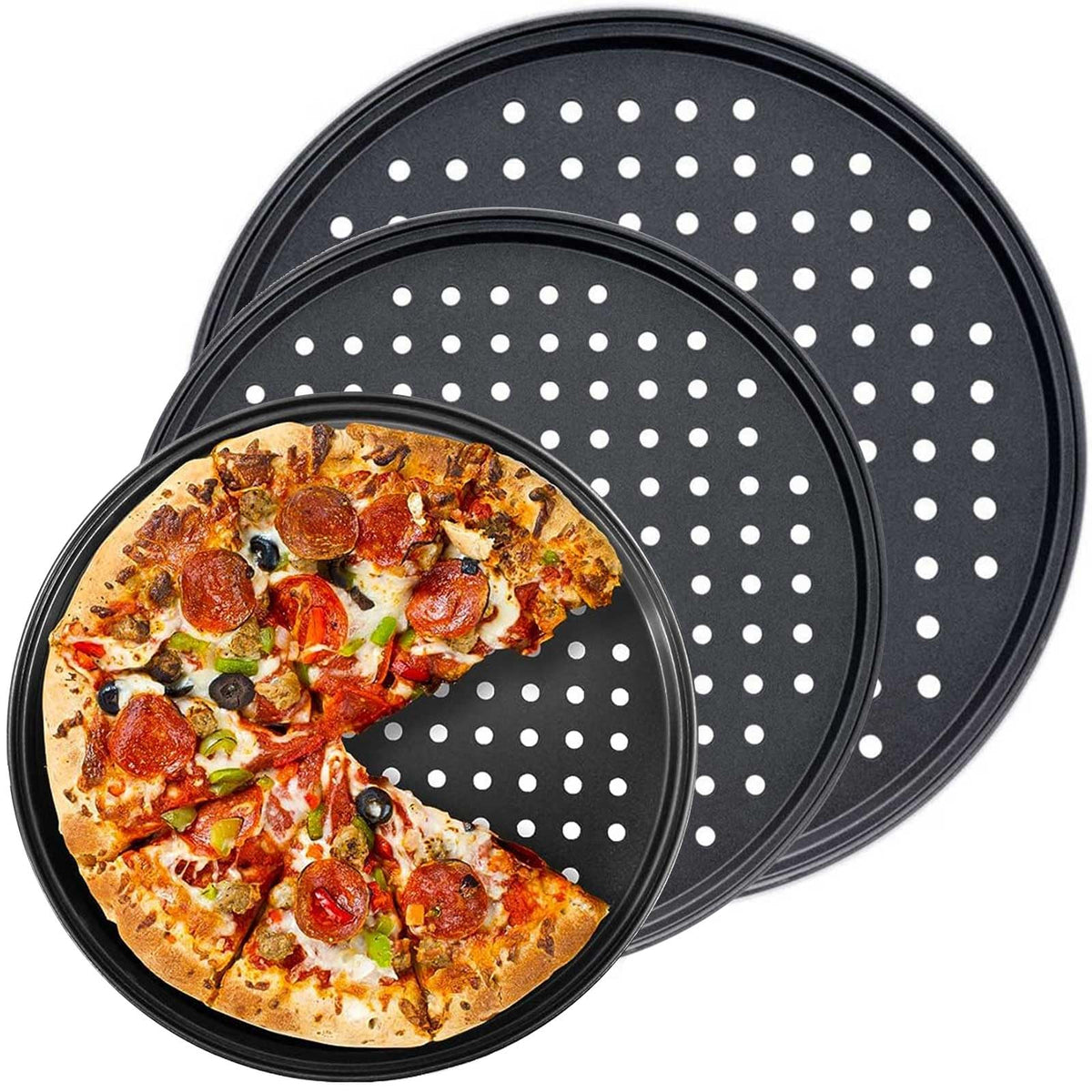 Handook pizza pan with 9-inch holes for even baking.