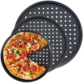 Handook pizza pan with 9-inch holes for even baking.