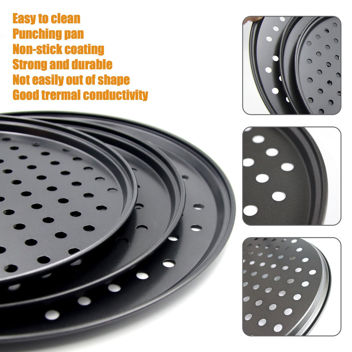 Handook pizza pan with nonstick coating for easy release.