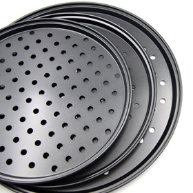 Handook ventilated baking pan versatile for pizzas, crisps, and breads.