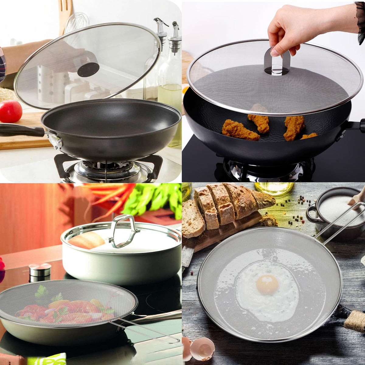Handook dishwasher-safe splatter screen stacked for easy storage and cleaning.