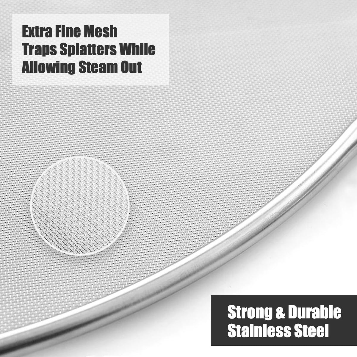 Handook splatter screen with heat-resistant knob handle makes lifting easy.