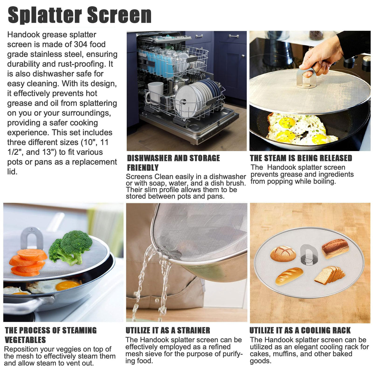 Handook splatter screen used as pot strainer to drain pasta and vegetables.