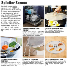 Handook splatter screen used as pot strainer to drain pasta and vegetables.