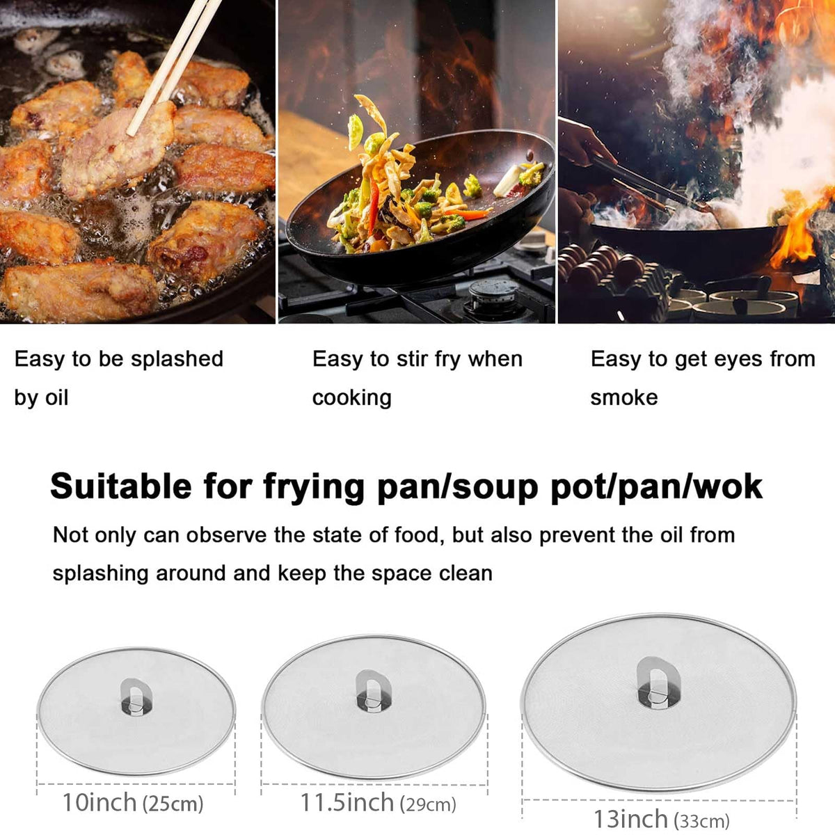 Handook splatter screen set 11.5-inch over a skillet keeps mess off the stove.