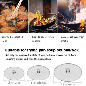Handook splatter screen set 11.5-inch over a skillet keeps mess off the stove.