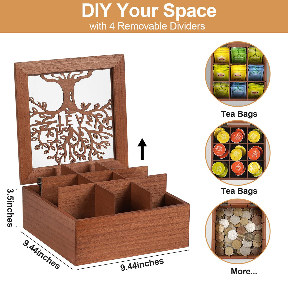 Handrong large capacity tea box organizer keeps many tea bags neatly within reach.