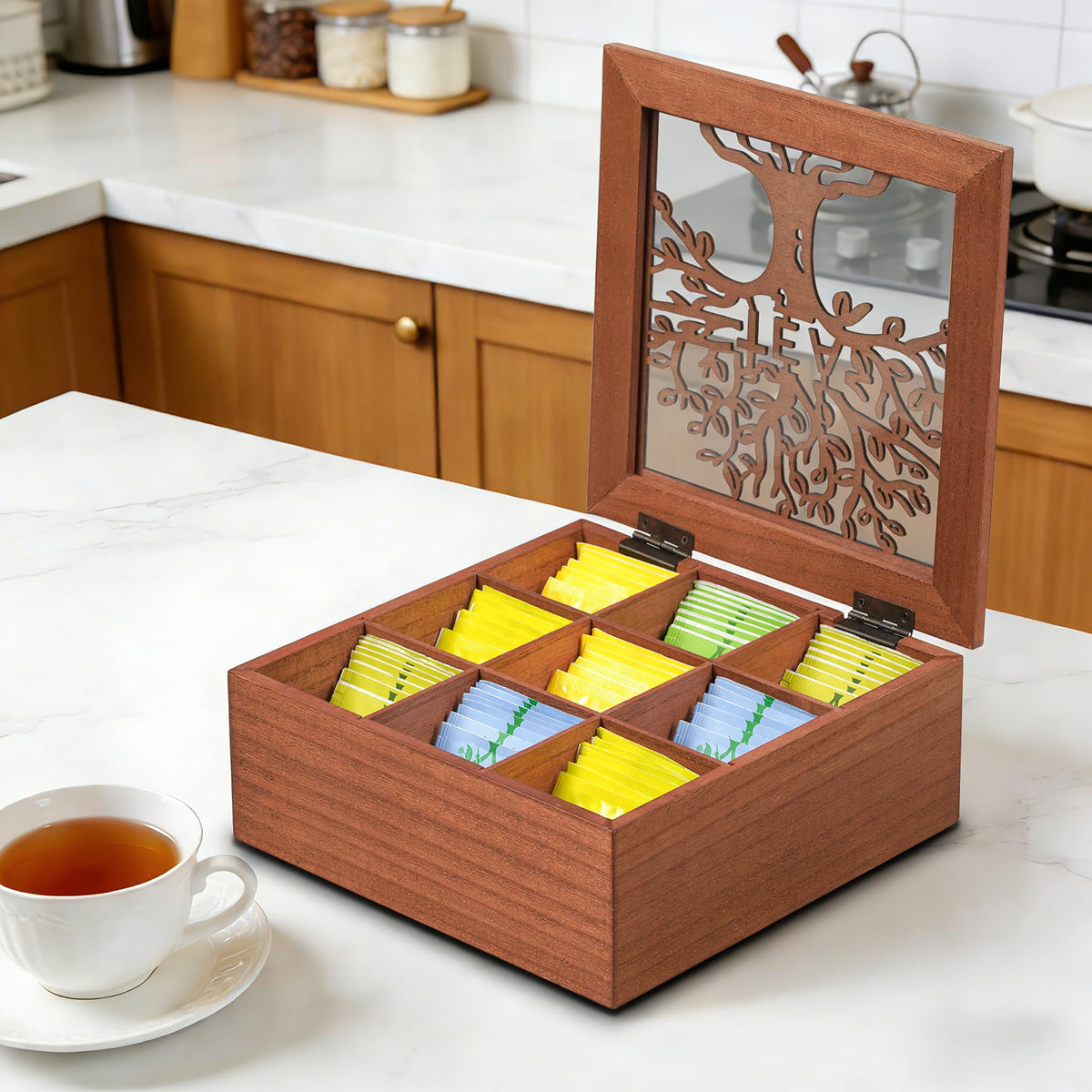 Handrong tea bag holder with 9 compartments and clear top for quick access.