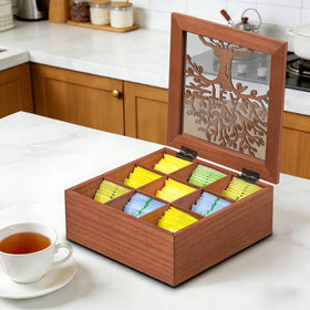 Handrong tea bag holder with 9 compartments and clear top for quick access.