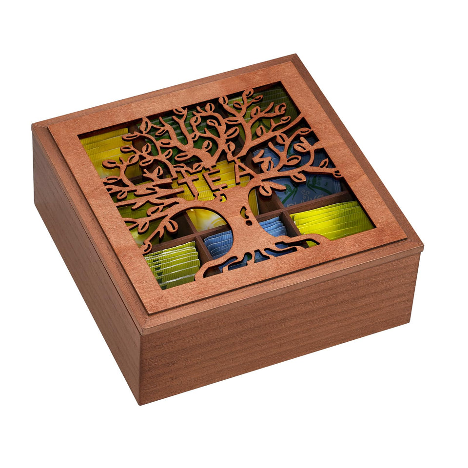 Handrong wood tea box with tree-pattern lid for elegant storage and display.