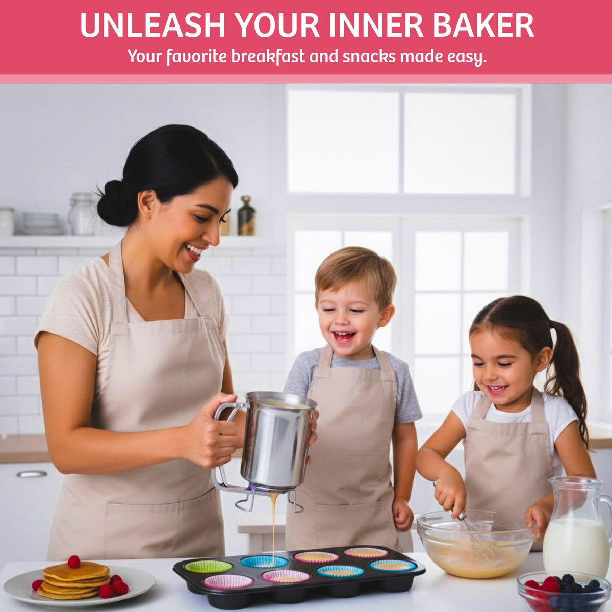Handy Gourmet three-cup capacity lets you prep batter.