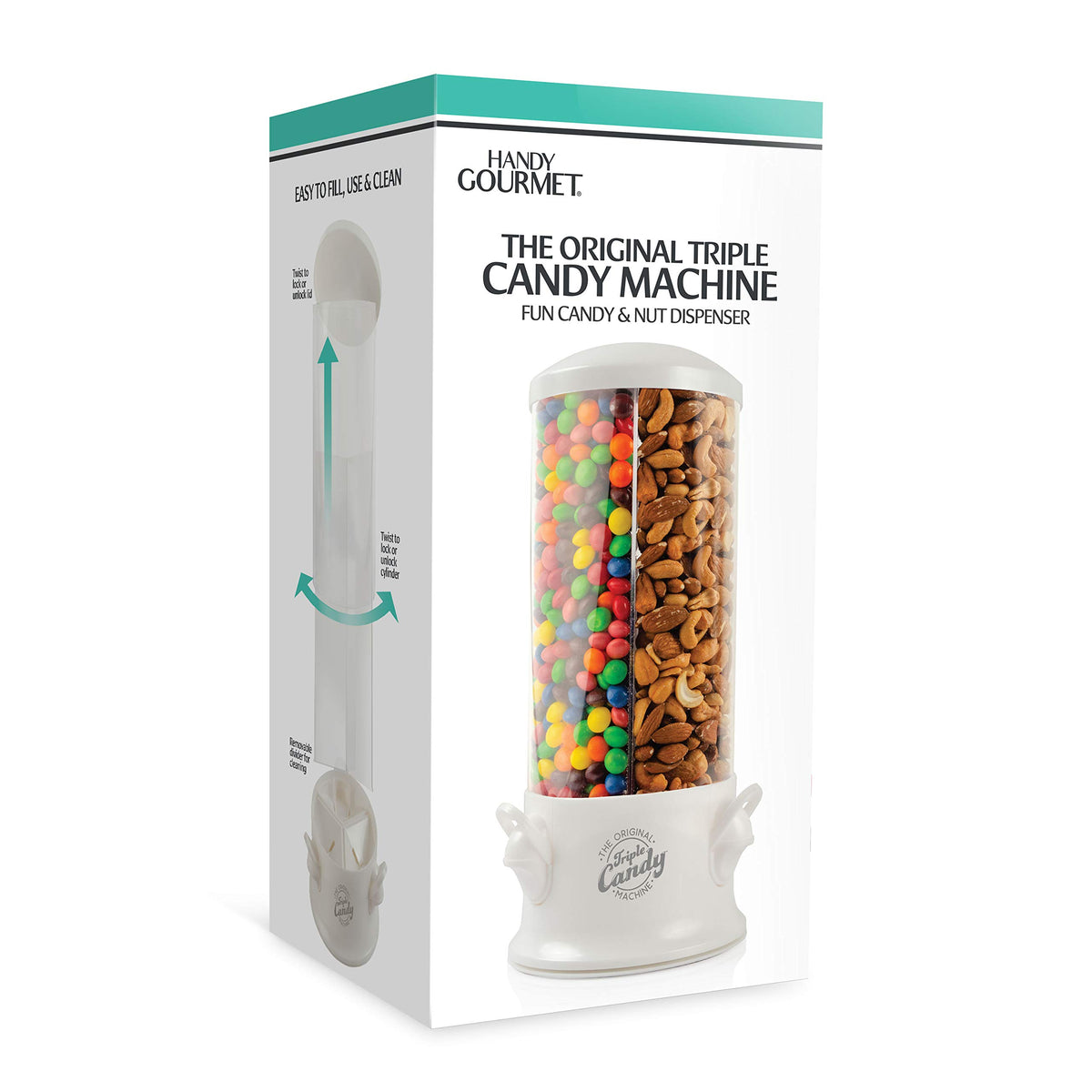 Handy Gourmet candy machine dispense close-up highlights fingertip serving.