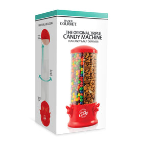 Handy Gourmet red candy and nut dispenser in action dispensing treats.