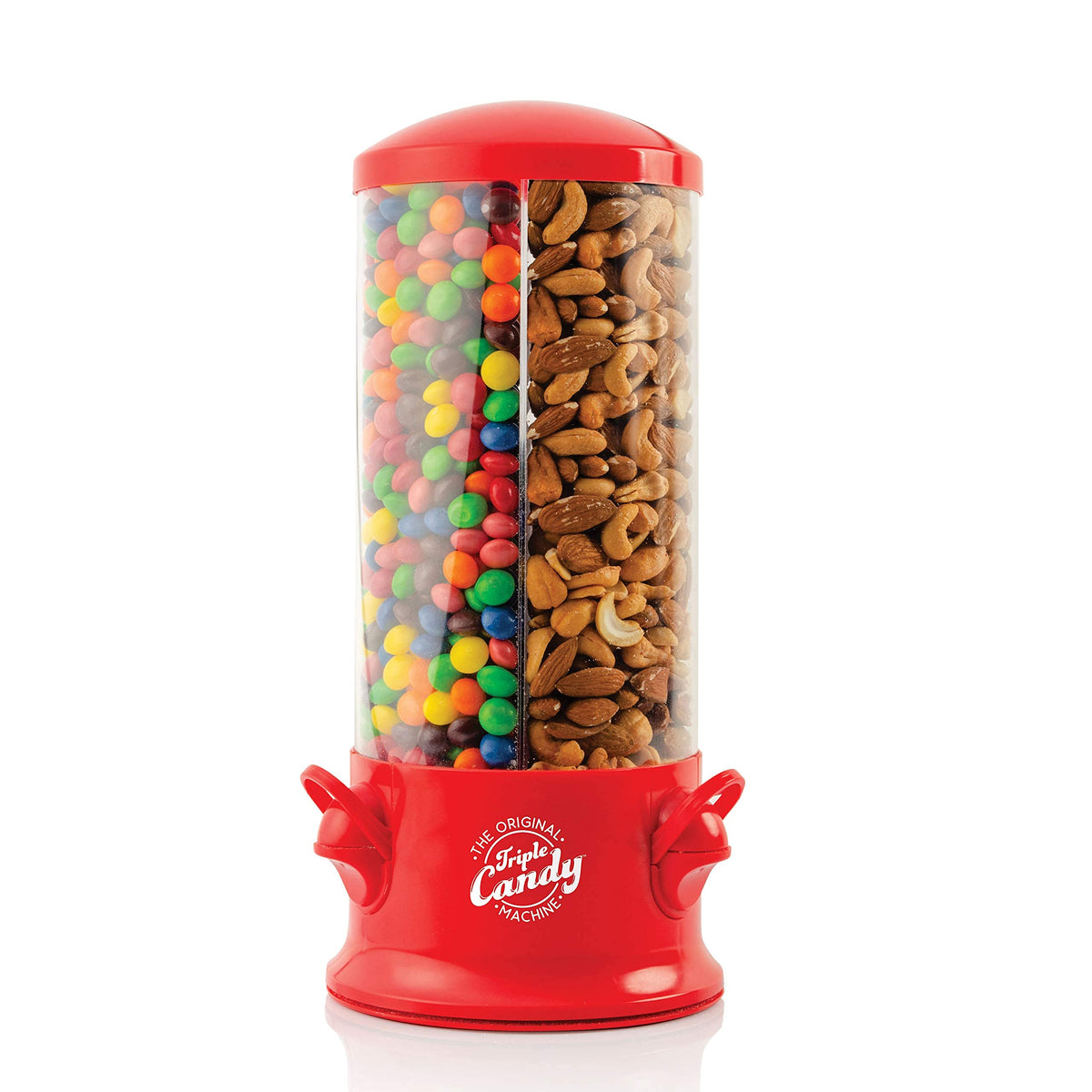 Handy Gourmet triple candy machine red top view displaying three snack compartments.
