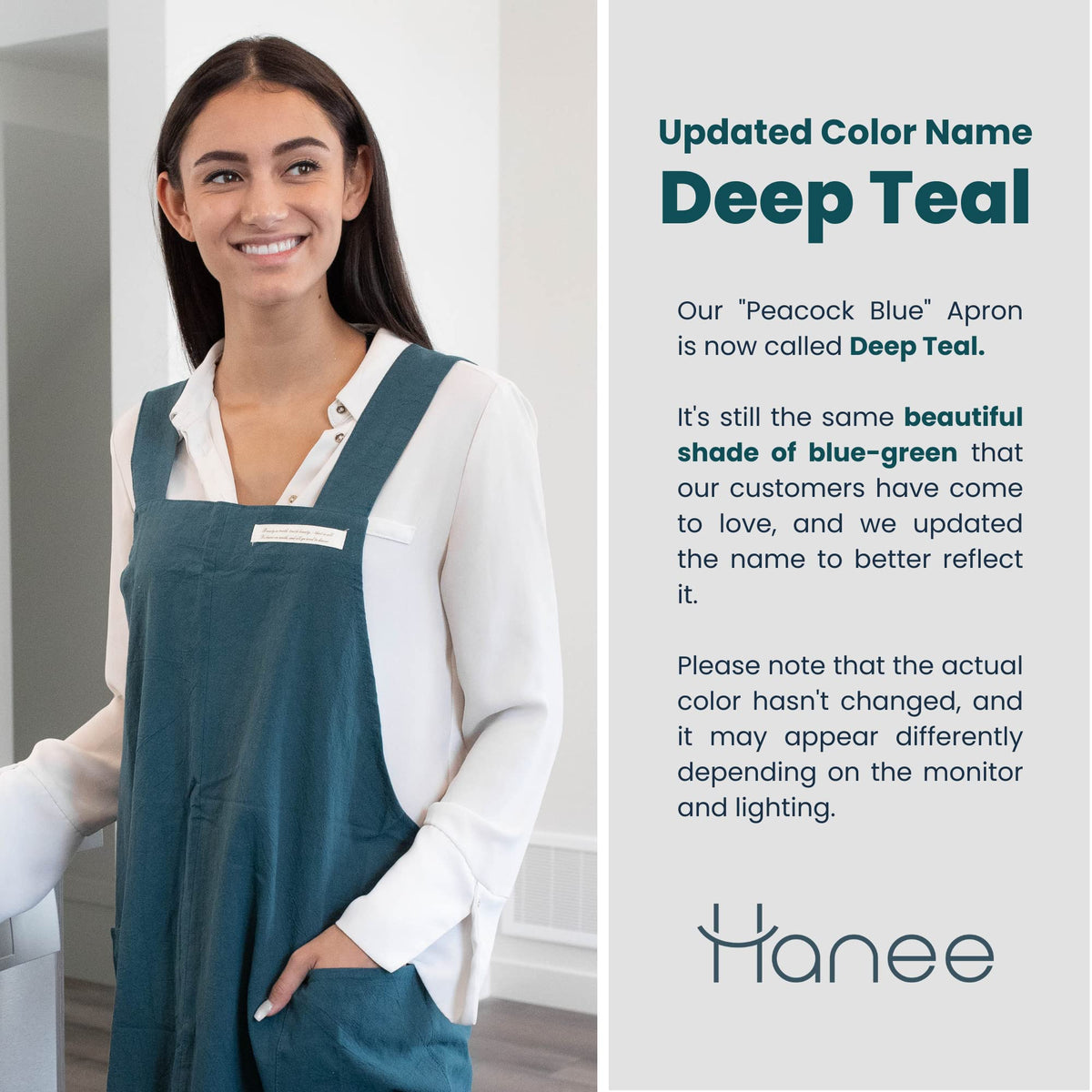 HANEE kitchen use of deep teal cotton apron showing practical workspace