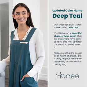 HANEE kitchen use of deep teal cotton apron showing practical workspace
