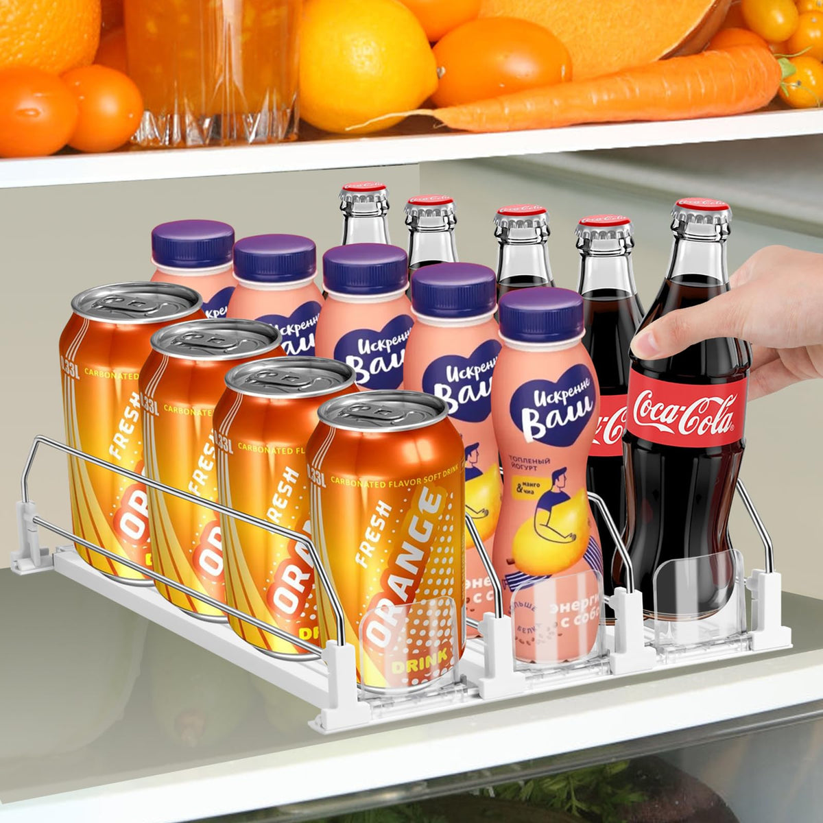 Hanmir drink organizer in fridge with three rows for easy access