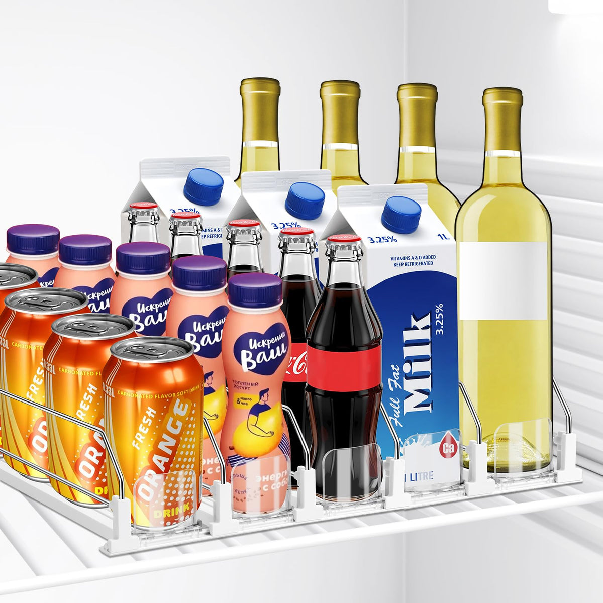 Hanmir drink organizer inside fridge with 5-row pusher for quick access.