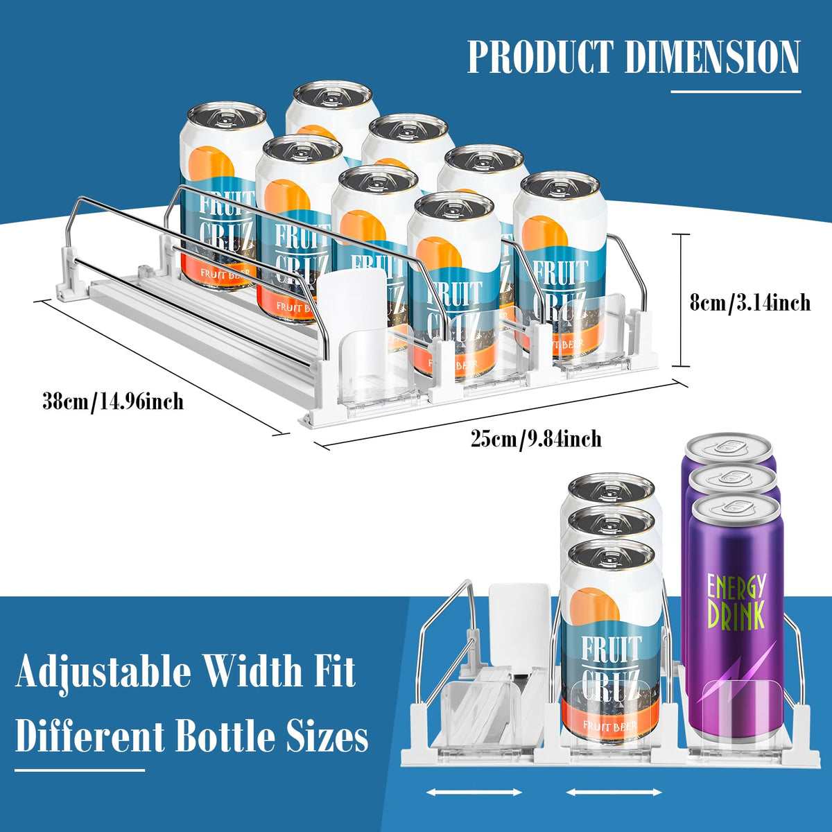 Hanmir soda can dispenser showing adjustable width for different cans