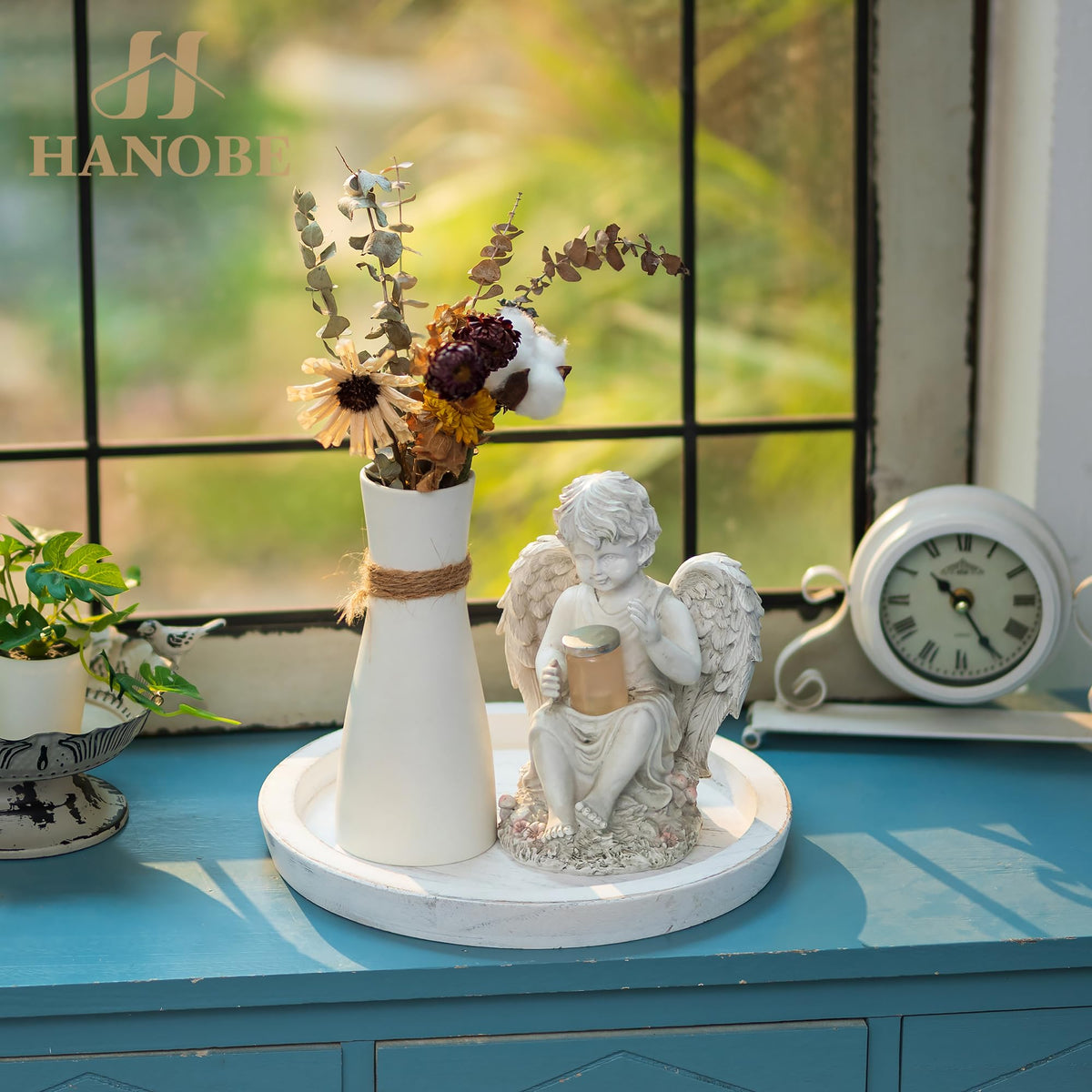 Hanobe round tray on nightstand and dresser for organized surfaces.