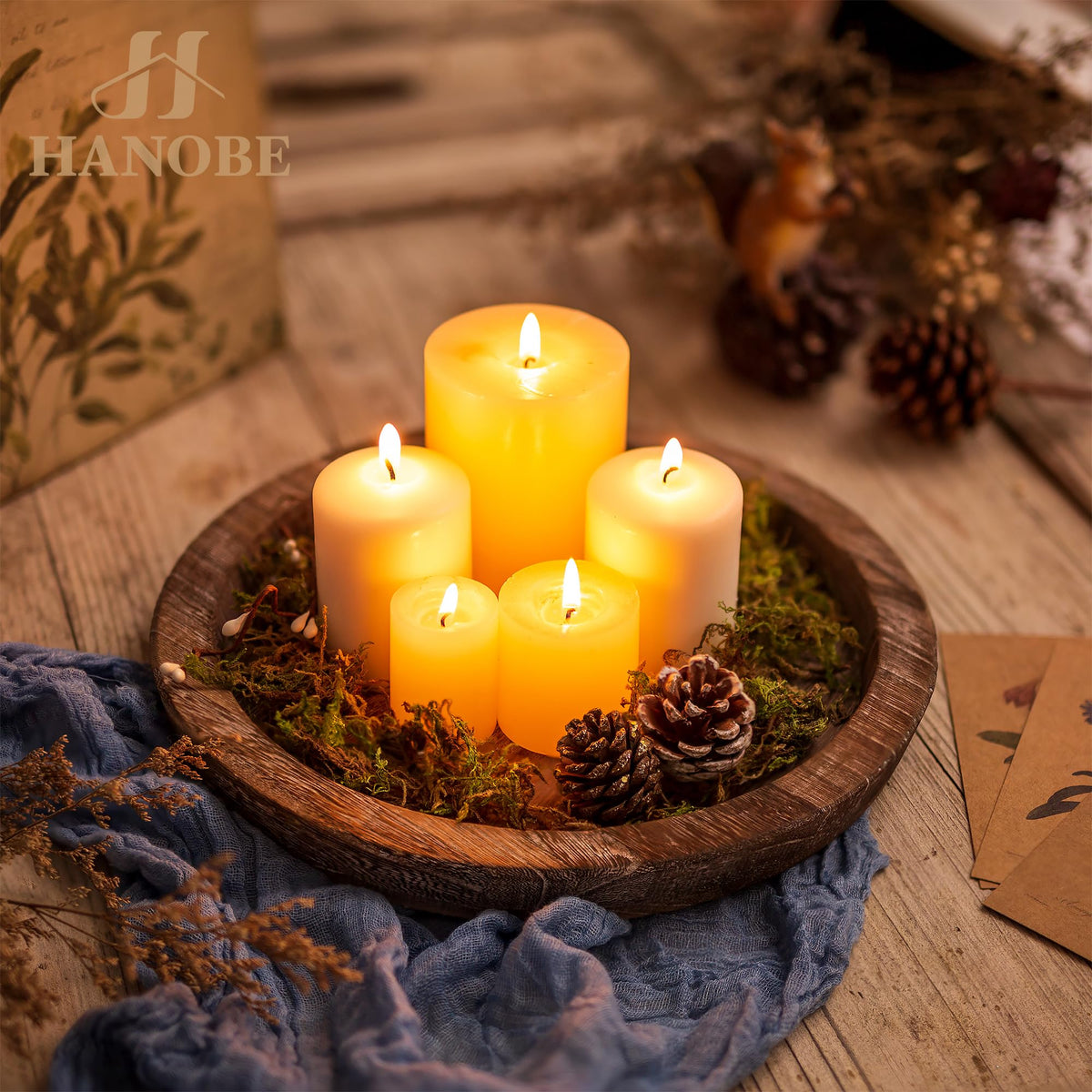 Hanobe round candle tray with natural finish for rustic decor and candle display.