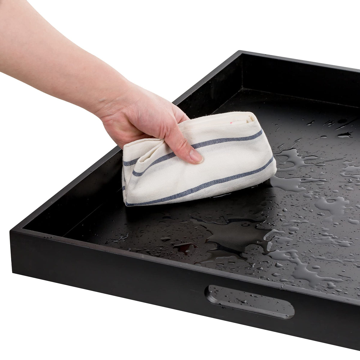 Hanobe tray matte black finish blends with modern decor.