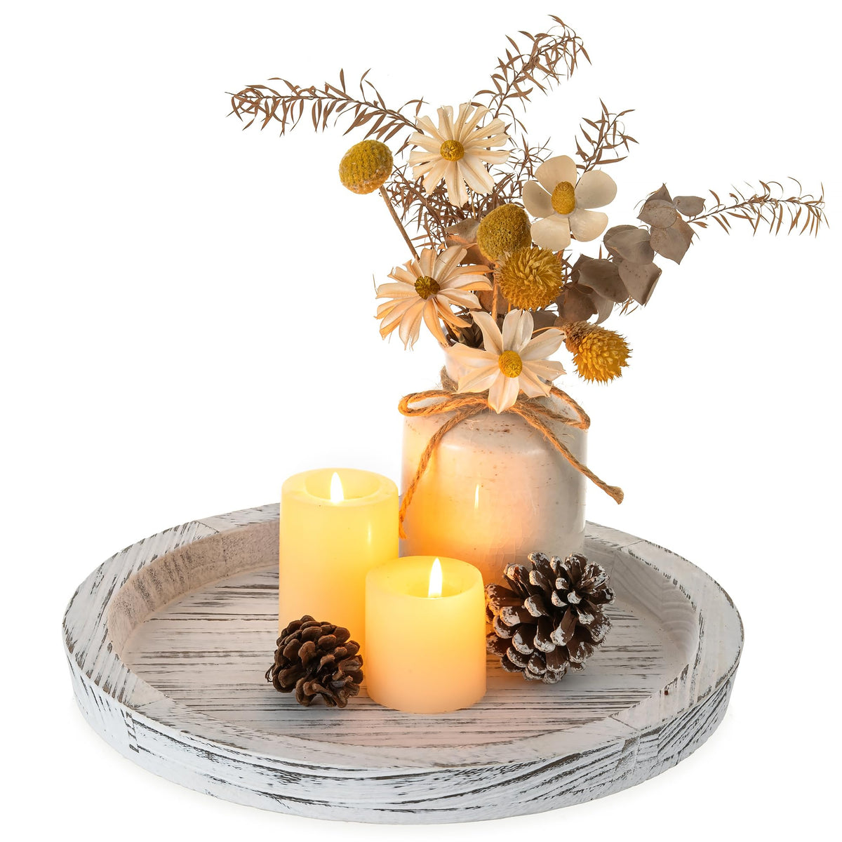 Hanobe wooden round tray for coffee table, ideal for serving drinks and decorating surfaces.