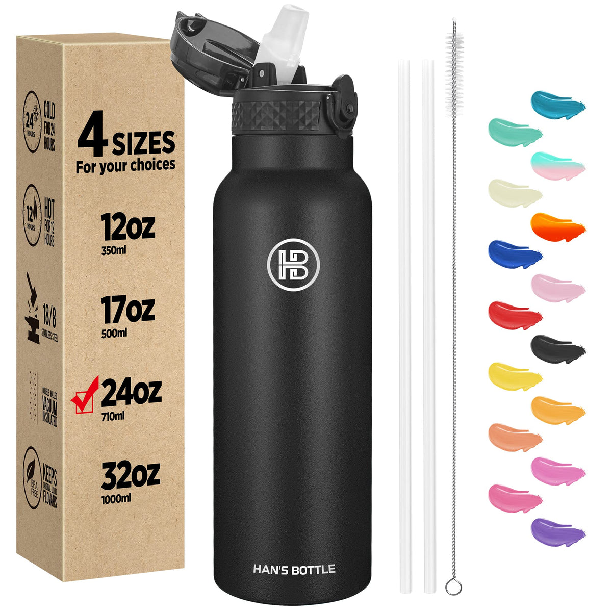 Han's Bottle 24 Oz vacuum-insulated bottle keeps beverages hot or cold on the go.