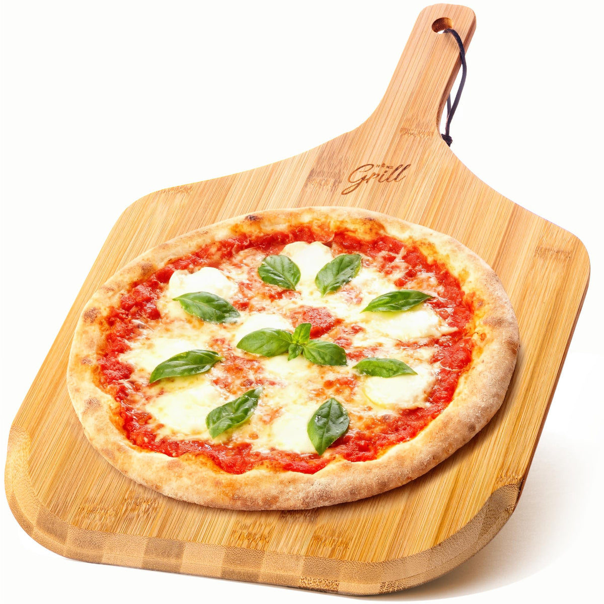 Hans Grill bamboo pizza peel 12 inch showing smooth non-stick edge for easy transfers.