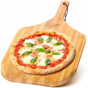 Hans Grill bamboo pizza peel 12 inch showing smooth non-stick edge for easy transfers.