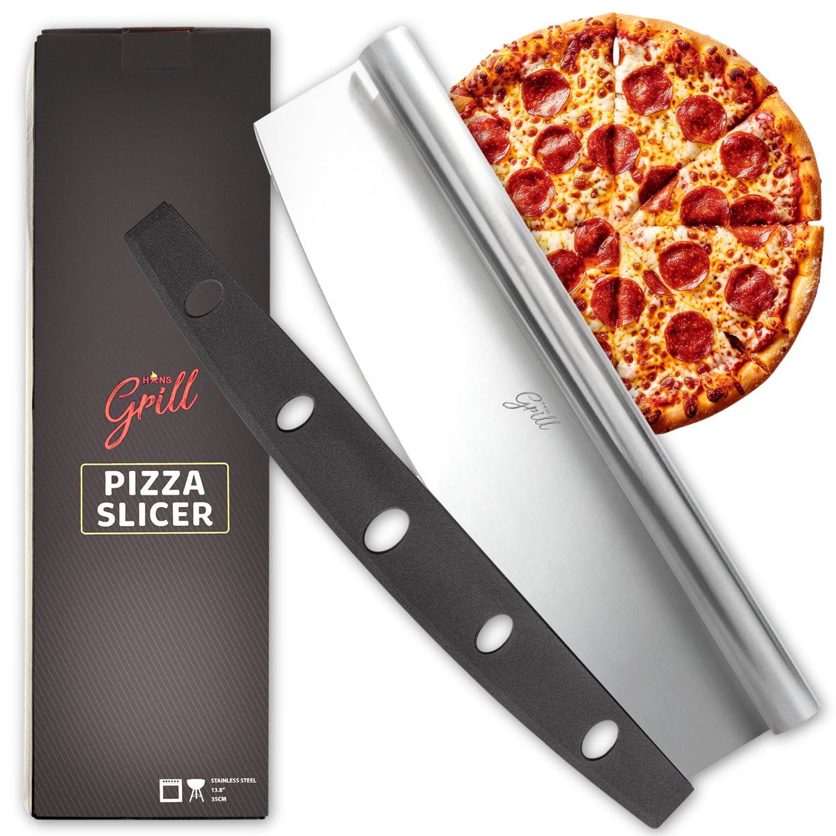 Hans Grill 14-inch pizza cutter rocker blade, sharp stainless steel for swift, clean slices.