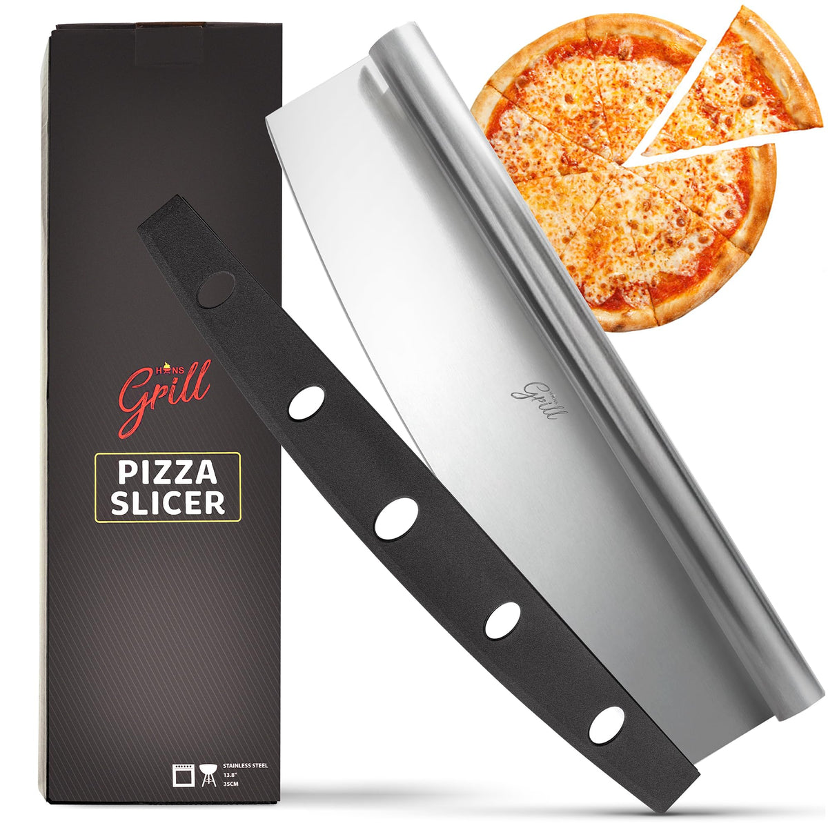 Hans Grill pizza cutter rocker highlights easy cleanup after meals.