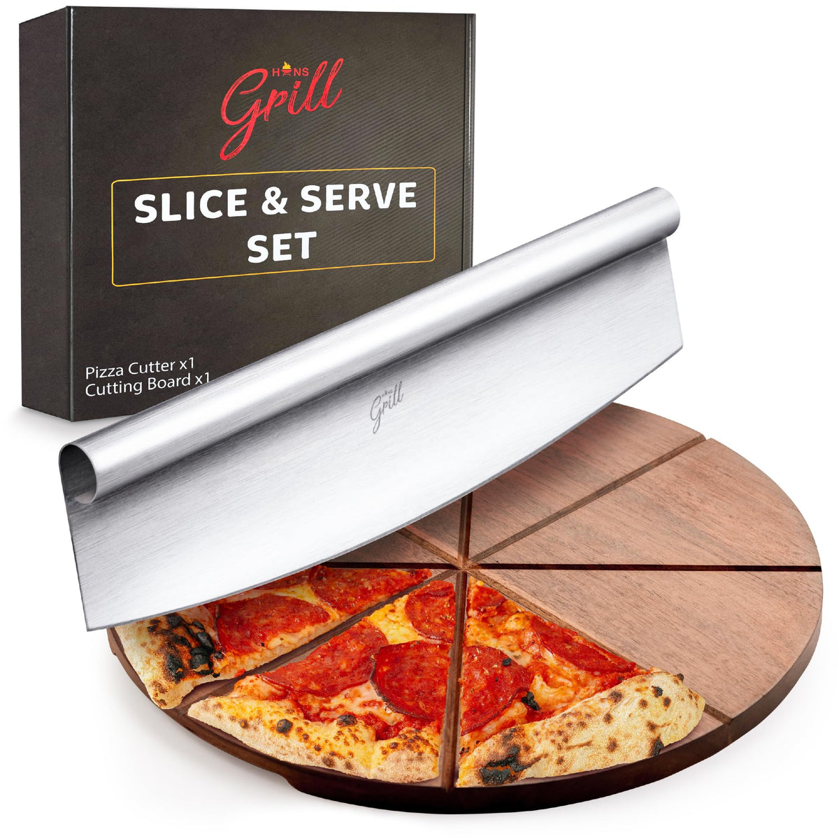 Hans Grill pizza cutting board on counter for easy slicing and serving