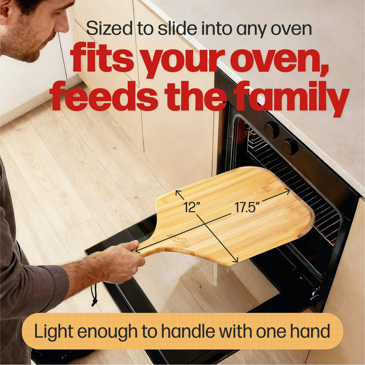 Hans Grill pizza peel with long tapered handle for safe oven transfers.