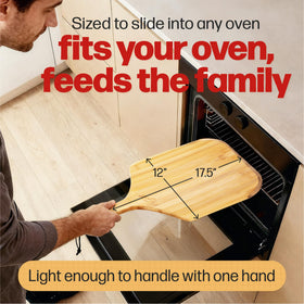 Hans Grill pizza peel with long tapered handle for safe oven transfers.