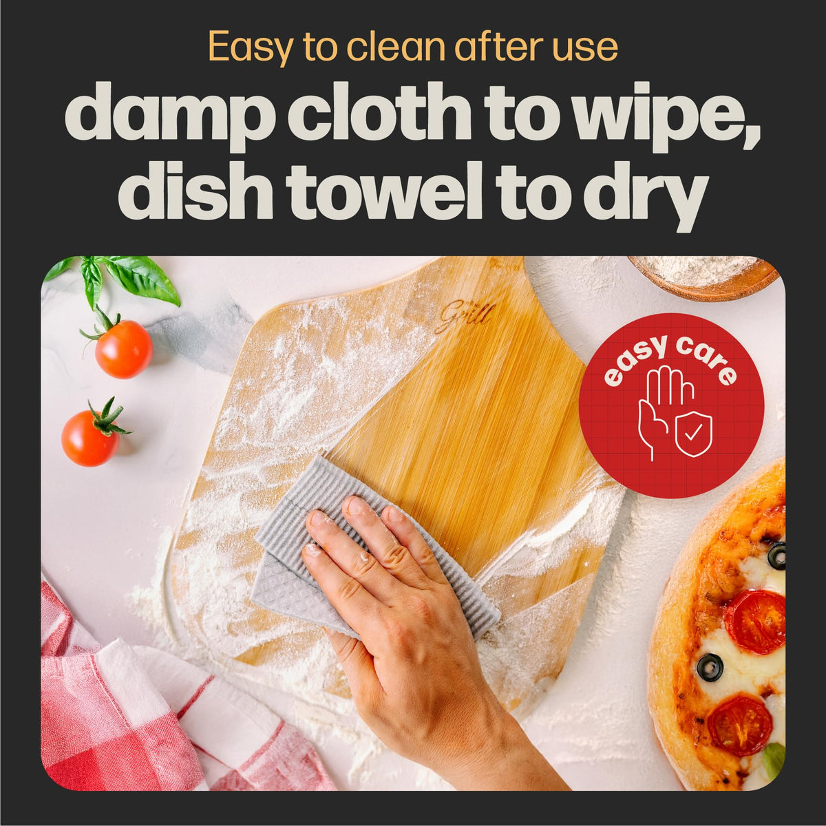 Hans Grill 12 inch pizza peel easy to wipe clean after prep.