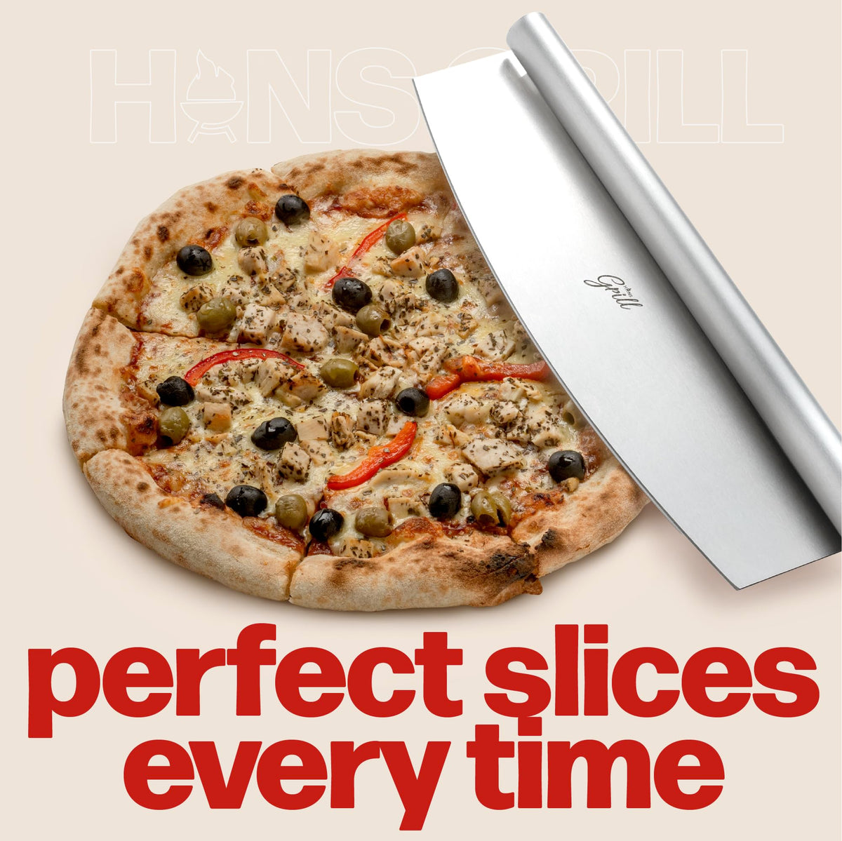Hans Grill stainless steel rocker blade in action on a homemade pizza.