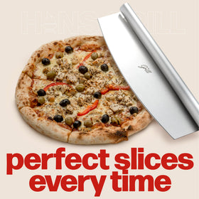 Hans Grill stainless steel rocker blade in action on a homemade pizza.