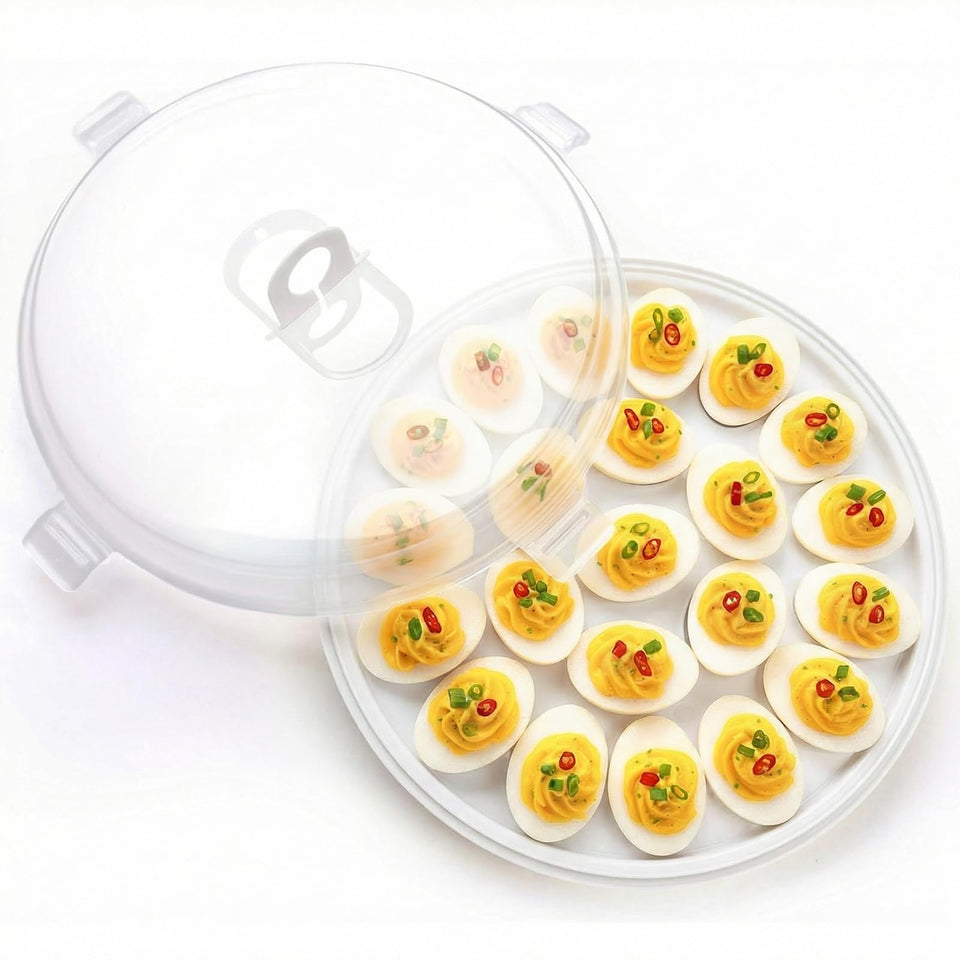 HANSGO deviled egg container with lid offering secure transport for 22 eggs.