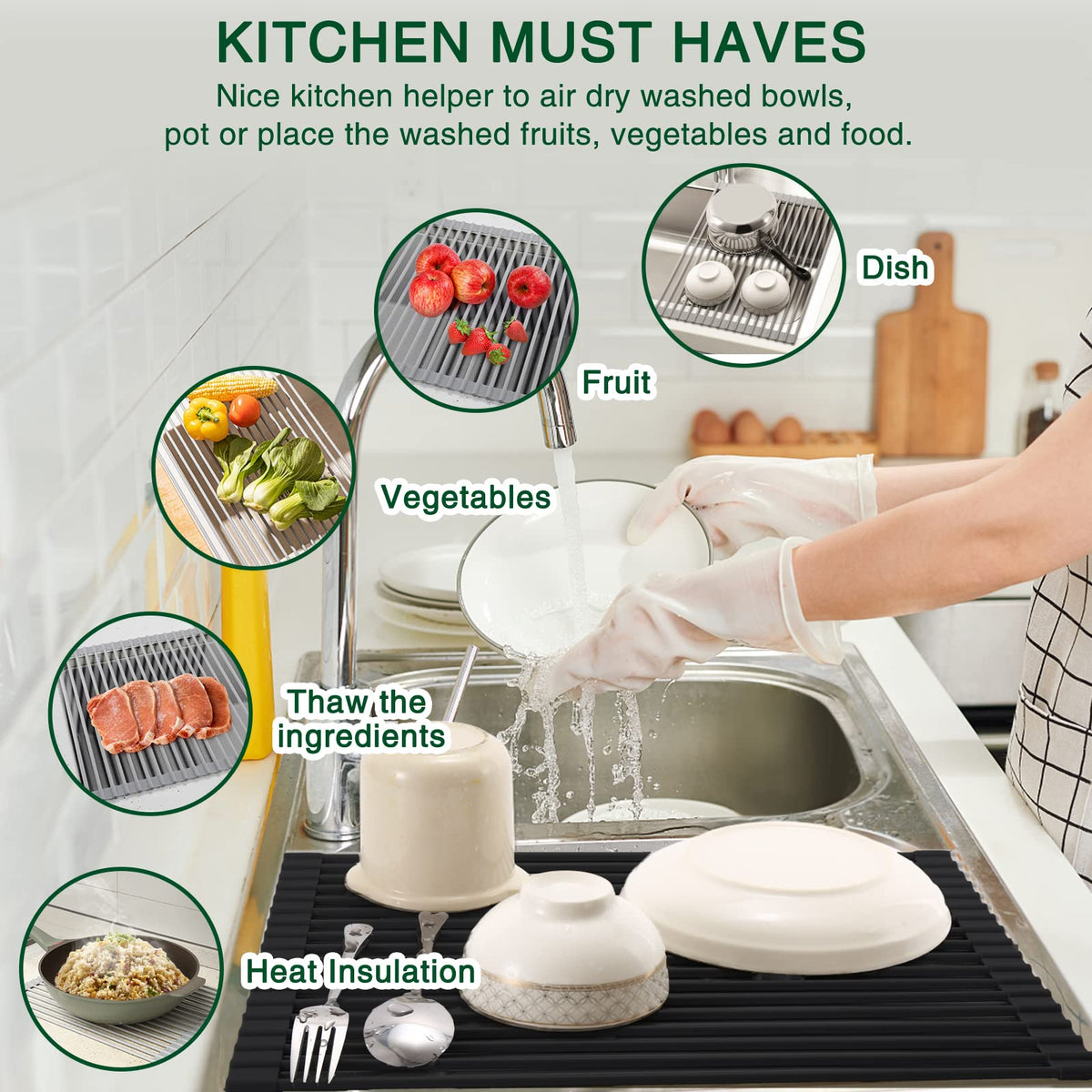HANZENMA roll-up dish drying rack heat-resistance up to 400°F for safe air-drying.