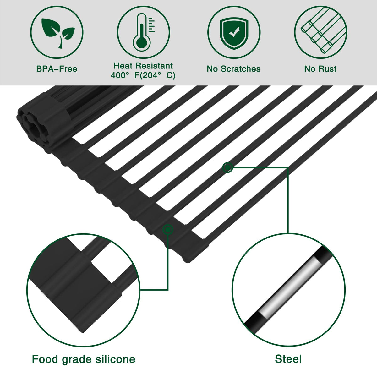 HANZENMA roll-up dish drying rack non-slip surface prevents slipping during drying.