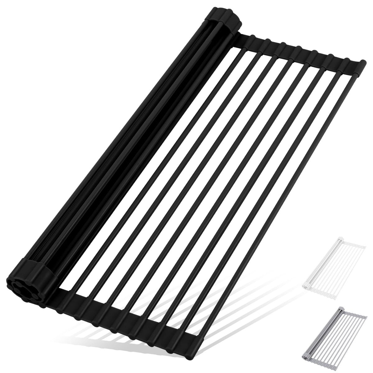 HANZENMA roll-up dish drying rack over the sink, showcasing space-saving design for busy kitchens.