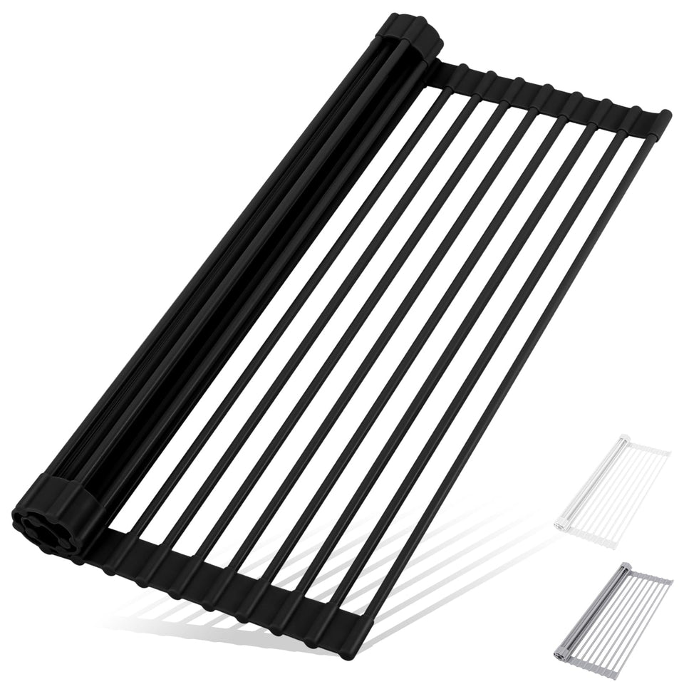 HANZENMA roll-up dish drying rack over the sink, showcasing space-saving design for busy kitchens.