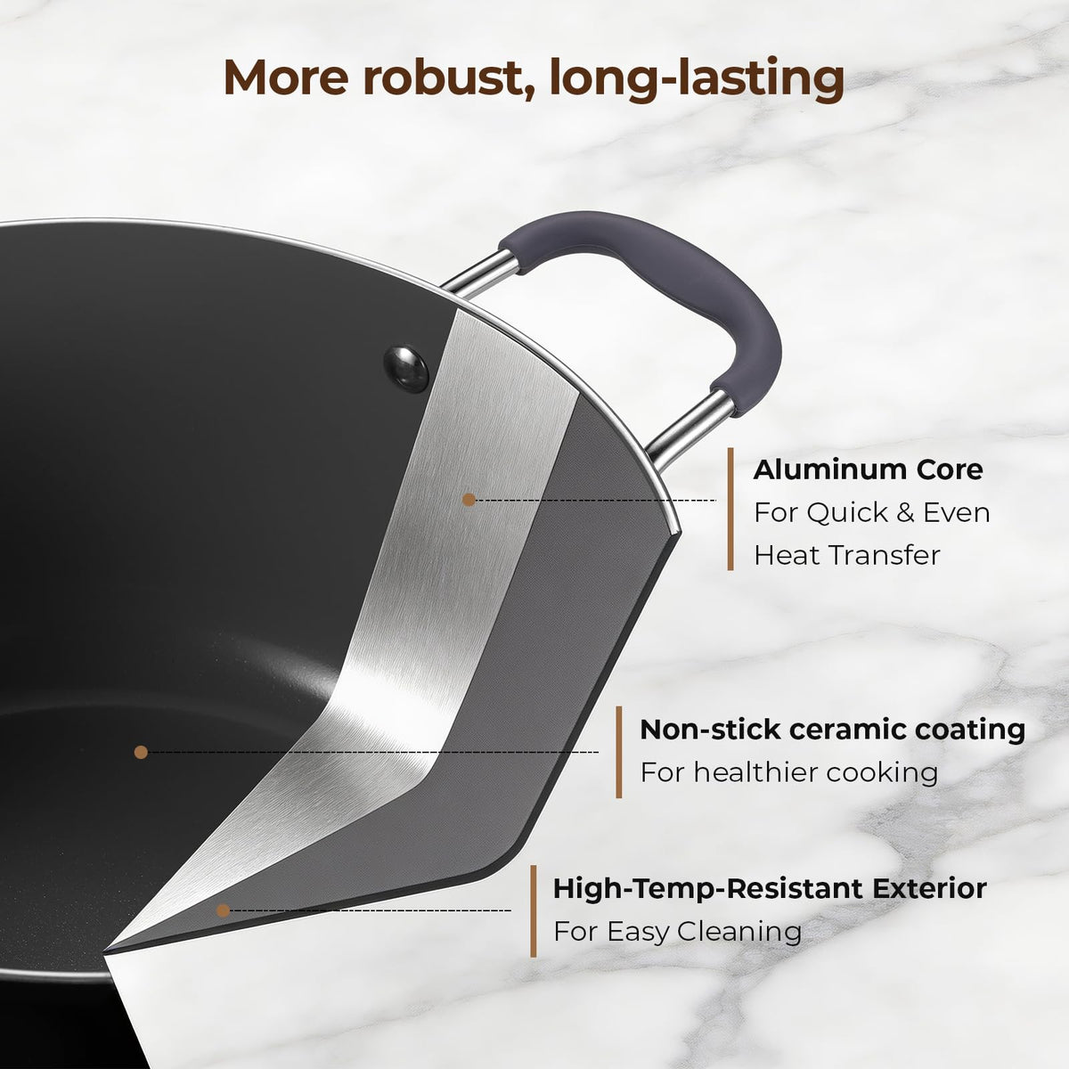 HAONEYS cool-touch silicone handles stay safe when lifting hot meals.